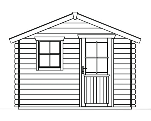 Ilustrace zahradního domku s oknem a dveřmi.