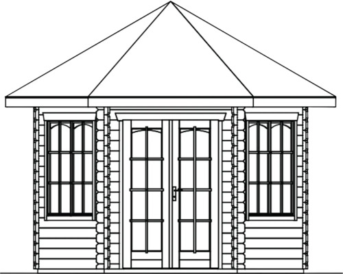 Nákres zahradního domku s dvoukřídlými dveřmi a okny