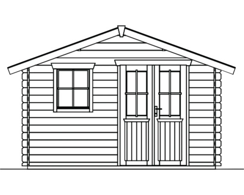 Ilustrace zahradního domku s oknem a dvoukřídlými dveřmi