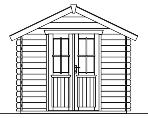 Ilustrace zahradního domku s dvoukřídlými dveřmi.