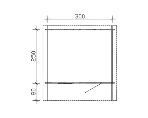 Technický výkres zahradního domku o rozměrech 300 x 250 x 80 cm