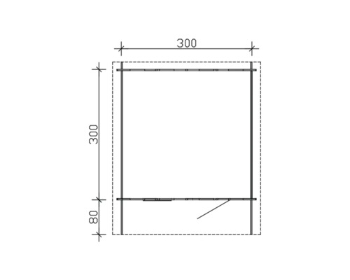 Technický nákres chaty o rozměrech 300 krát 300 krát 80