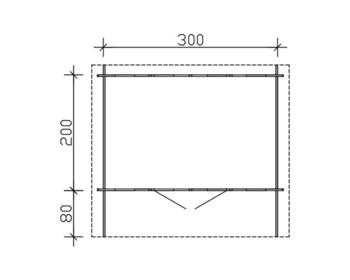 Technický výkres zahradního domku s rozměry.