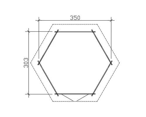 Technický nákres šestihranného zahradního domku s rozměry.
