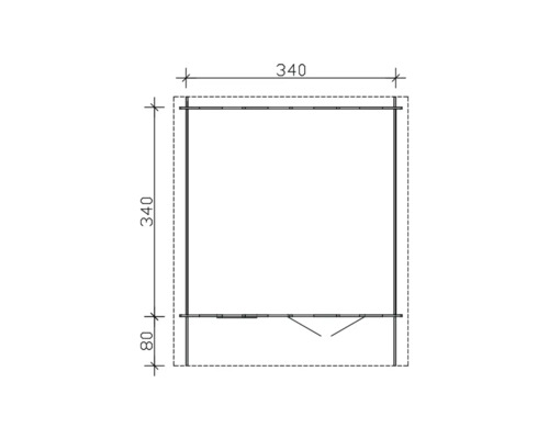 Technický nákres zahradního domku o rozměrech 340 x 340 x 80 centimetrů.