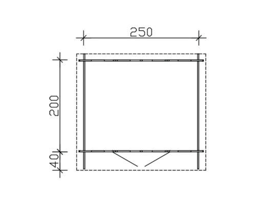 Technický výkres zahradního domku o rozměrech 250 krát 200 centimetrů