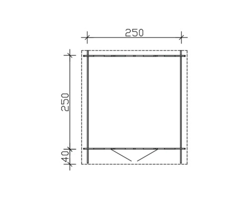Technický nákres zahradního domku o rozměrech 250 krát 250 centimetrů