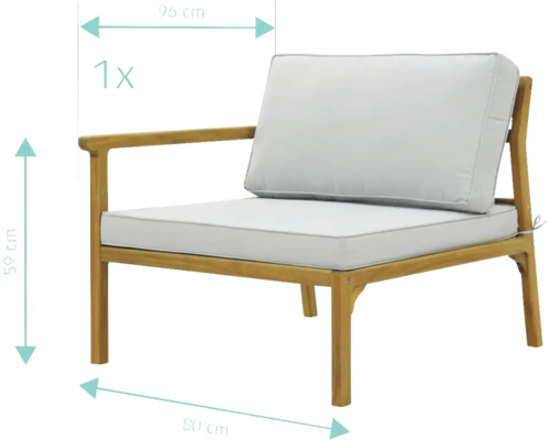 Zahradní křeslo s područkou z dřeva s polštáři a rozměry