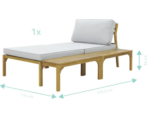 Zahradní lehátko s podnožkou z dřeva a polstrováním, rozměry jsou zobrazeny