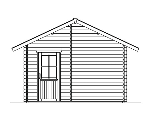 Obrázek zahradního domku s dřevěnými dveřmi a sedlovou střechou