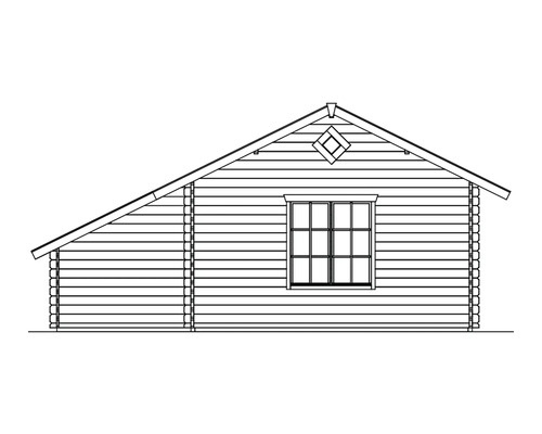 Nákres dřevěného domu s oknem a sedlovou střechou