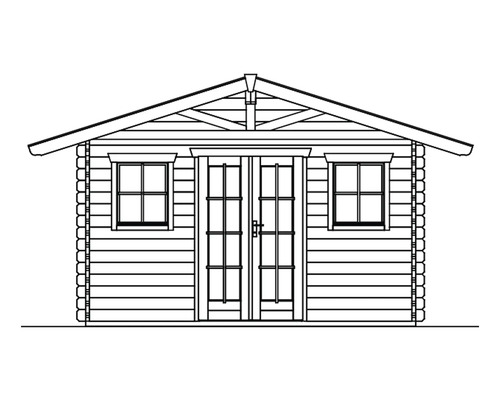 Ilustrace zahradního domku s dvoukřídlými dveřmi a dvěma okny.