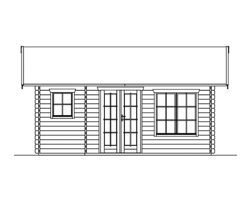 Pohled shora zahradní domek s dvoukřídlými dveřmi a okny