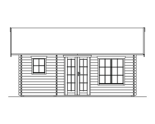 Ilustrace zahradního domku s okny a dvoukřídlými dveřmi