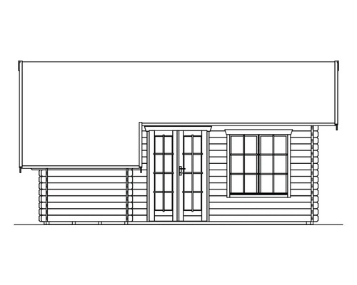 Ilustrace zahradního domku s dvoukřídlými dveřmi a oknem.