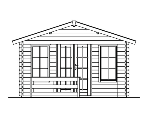 Ilustrace zahradního domku s dvoukřídlými dveřmi a okny