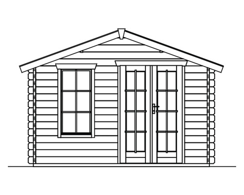 Nákres zahradního domku s oknem a dvoukřídlými dveřmi