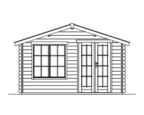 Nákres zahradního domku s oknem a dvoukřídlými dveřmi