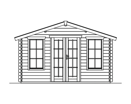 Nákres zahradního domku s dvoukřídlými dveřmi a okny