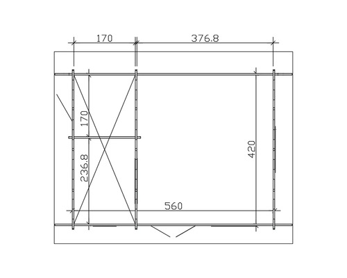 Technický nákres zahradního domku s rozměry.