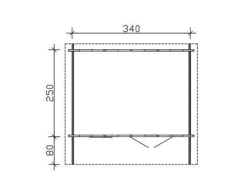 Technický nákres zahradního domku o rozměrech 340 x 250 x 80 cm.