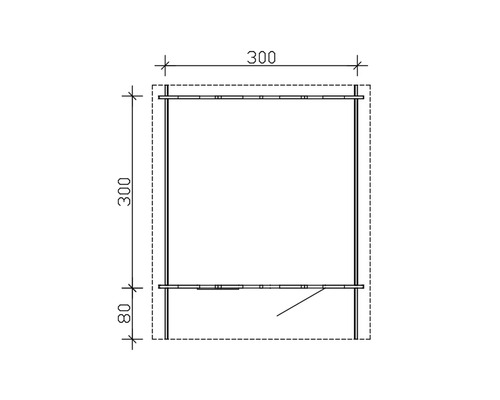 Technický nákres kovového regálu o rozměrech 300 x 300 x 80