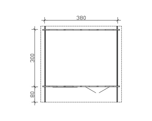 Technický nákres zahradního domku s rozměry.