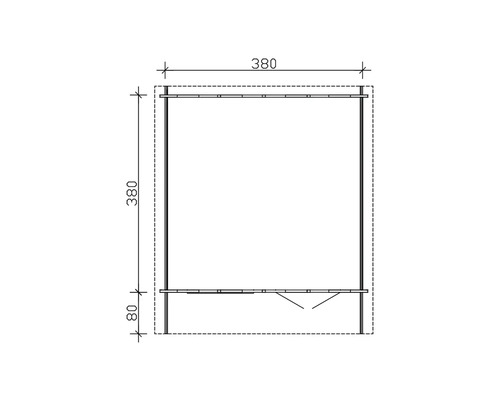 Plán střechy zahradního domku o rozměrech 380 krát 380 centimetrů