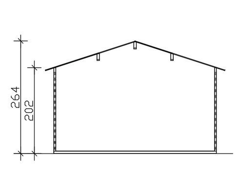 Technický nákres zahradního domku se sedlovou střechou a rozměry