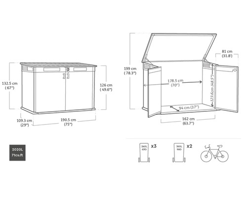 Obrázek s rozměry úložného boxu Keter StoreBox