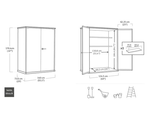 Technický nákres skříně na nářadí s rozměry