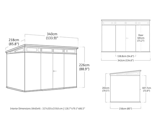 Technický nákres zahradního domku s rozměry