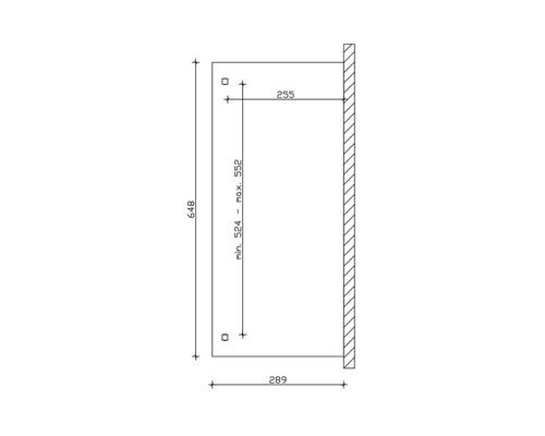 Technický výkres s rozměry pro produkt pro montáž na stěnu, včetně minimálních a maximálních výšek.