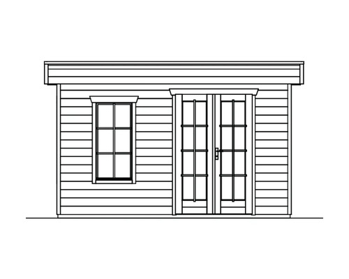 Ilustrace zahradního domku s oknem a dvoukřídlými dveřmi.