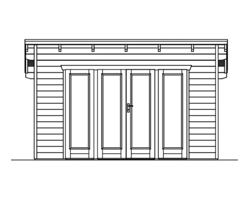 Ilustrace zahradního domku s dvoukřídlými dveřmi