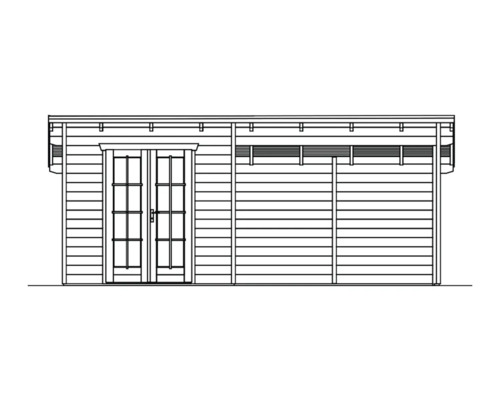 Ilustrace zahradního domku s dvoukřídlými dveřmi a bočním oknem