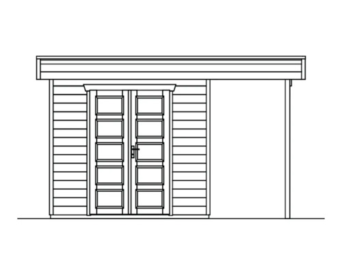 Ilustrace zahradního domku s dvoukřídlými dveřmi a stříškou