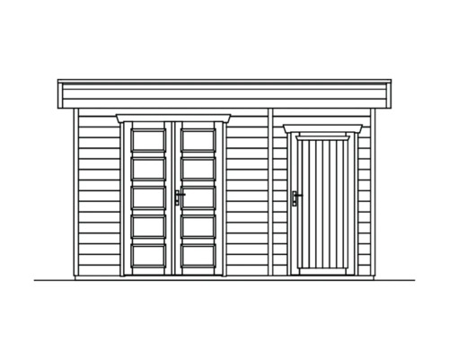 Obrázek zahradního domku s dvoukřídlými dveřmi a jednokřídlými dveřmi