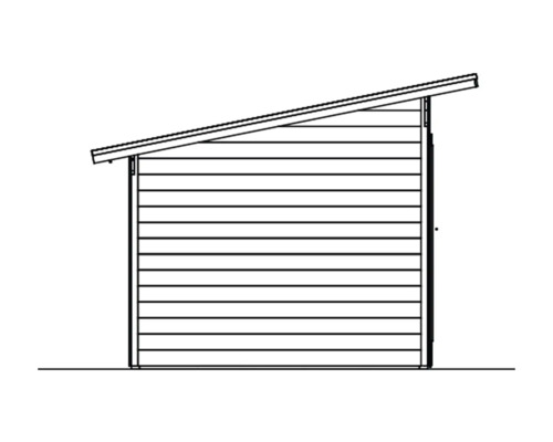 Ilustrace zahradního domku s pultovou střechou.