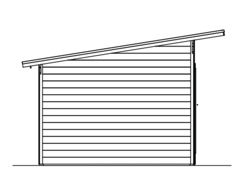 Ilustrace zahradního domku s pultovou střechou.