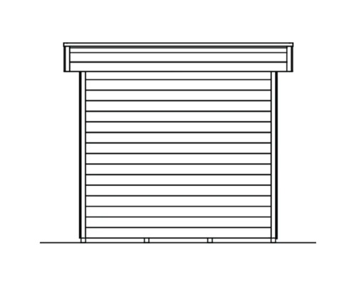 Pohled zepředu na zahradní domek s vodorovným dřevěným obkladem