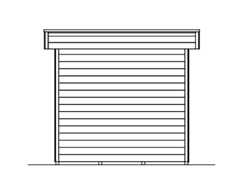 Nákres zahradního domku v čelním pohledu.