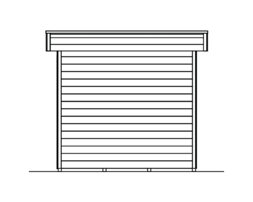 Obrázek zahradního domku s vodorovným dřevěným obkladem.