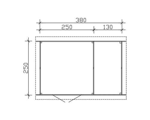 Technický nákres zahradního domku o rozměrech 380 x 250 x 250 cm