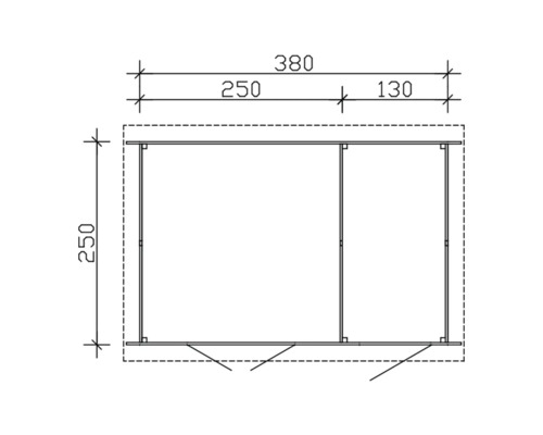 Půdorys zahradního domku o rozměrech 250 krát 380 centimetrů.