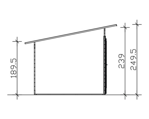 Technický nákres zahradního domku o rozměrech 189,5 x 239 x 249,5 cm