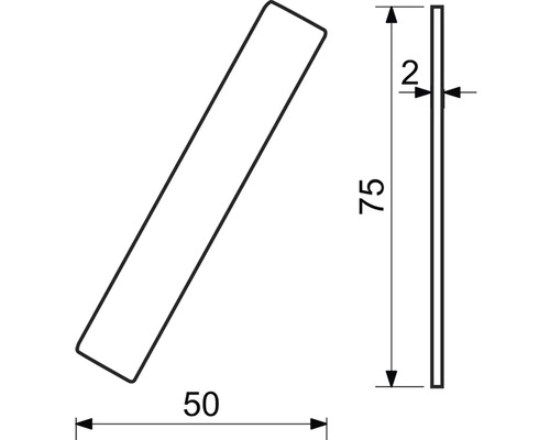 Technický nákres lišty o rozměrech 75 x 50 x 2 milimetry