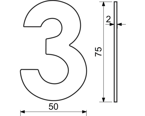 Rozměry domovního čísla tři: 75 mm vysoké, 50 mm široké a 2 mm silné.