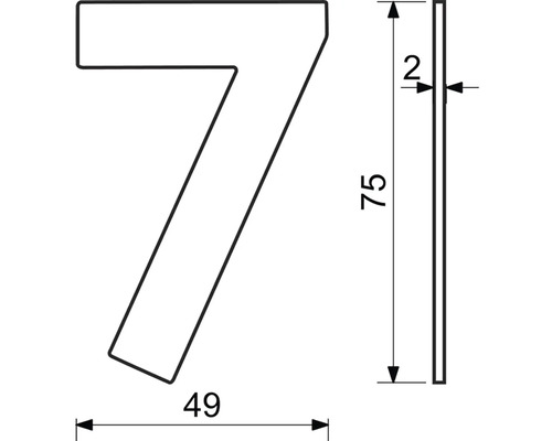 Rozměry domovního čísla 7: výška 75 mm, šířka 49 mm, tloušťka 2 mm