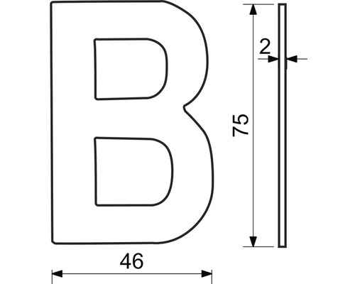 Technický nákres písmene B s rozměry.